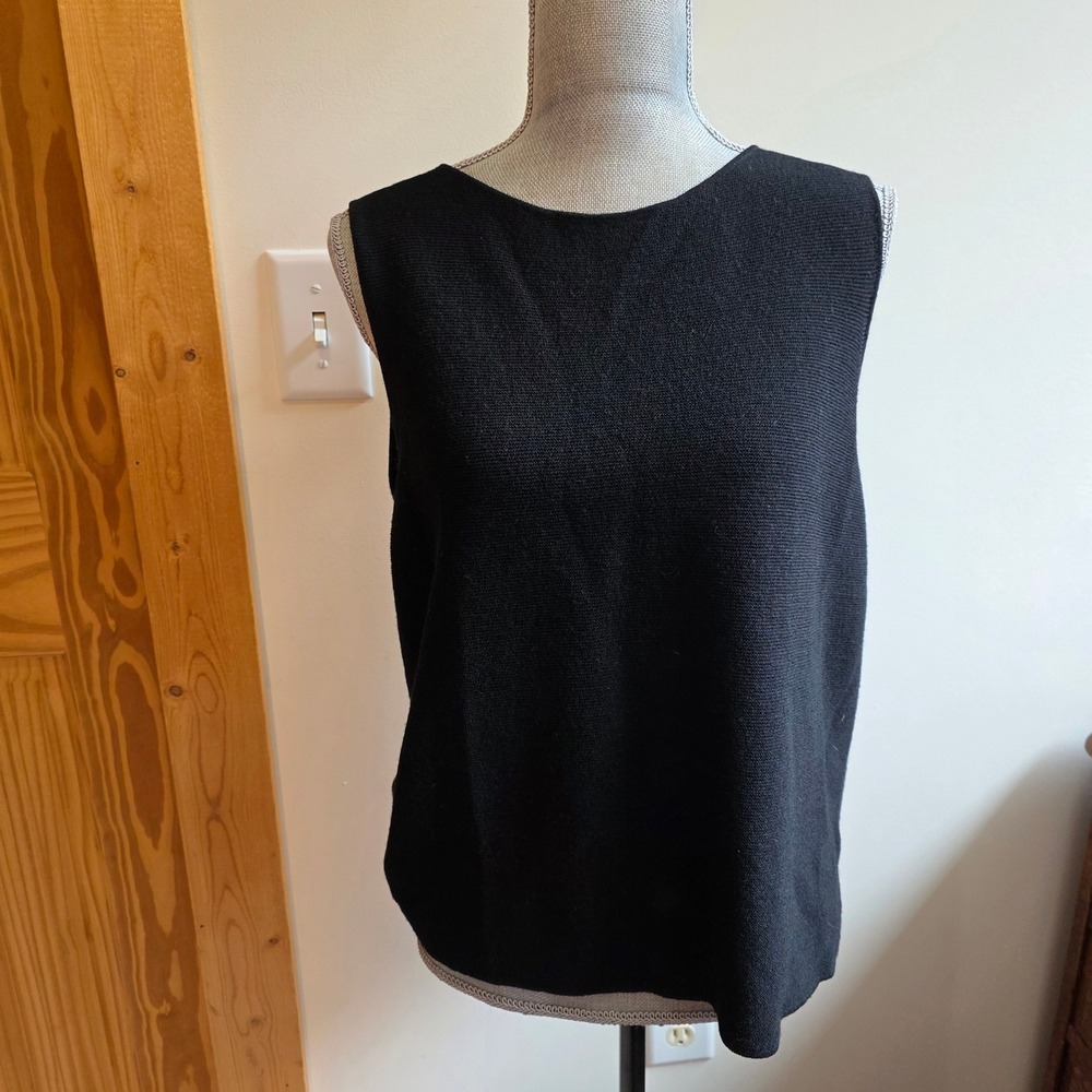 Vintage Eileen Fisher Black 100% Wool Knit Tank Top Shell XL Italian Yarn